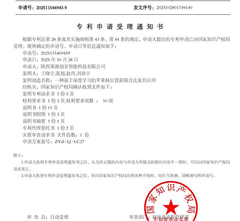 发明专利已受理:深度学习果核定位